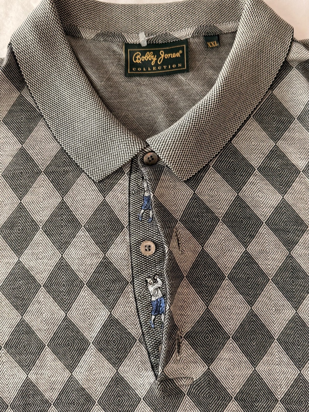 Vintage Bobby Jones Collection
Men's XXL Gray Argyle Golf Polo
Embroidered